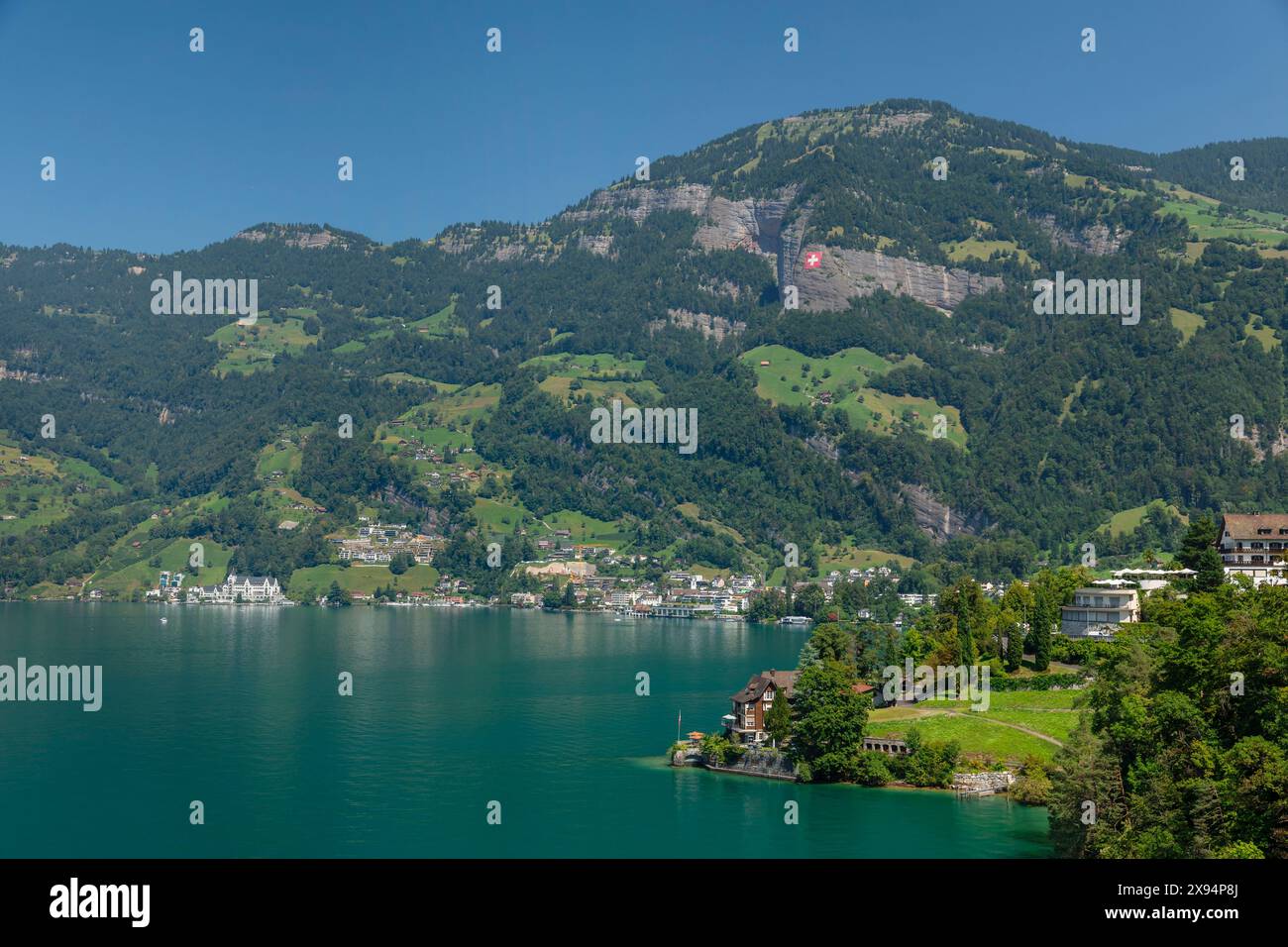 View to Vitznau and Rigi Mountain, Lake Lucerne, Canton Schwyz, Switzerland, Europe Stock Photo