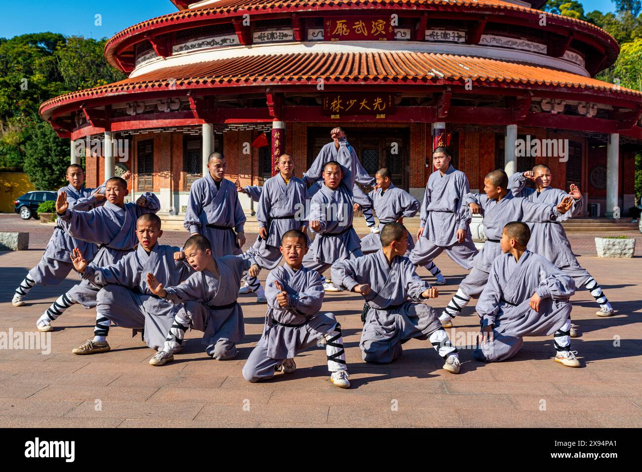 Shaolin monk fighting demonstration, Shaolin Temple, Quanzhou, UNESCO World Heritage Site, Fujian, China, Asia Stock Photo
