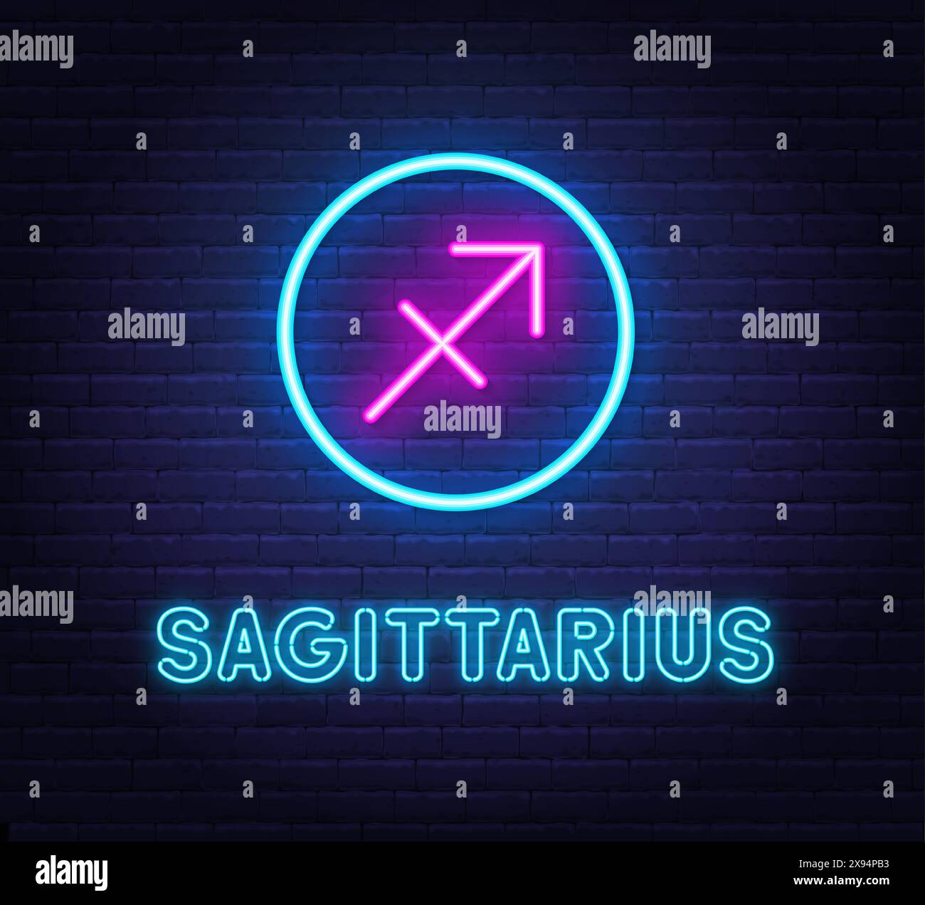 Neon Sagittarius Sign on brick wall background. Stock Vector