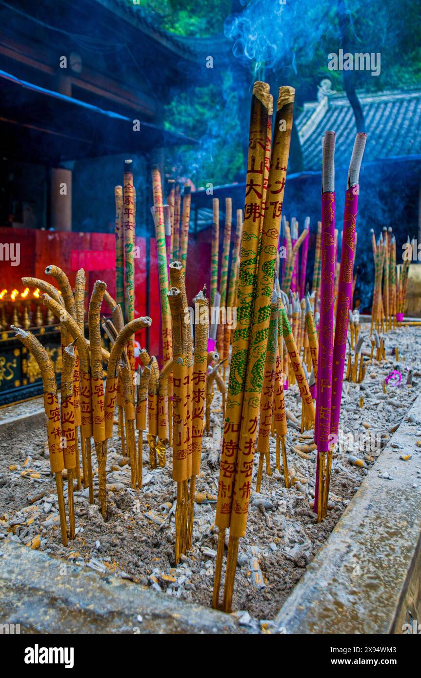 Incense sticks at a monastery on top of the largest Buddha on earth, Leshan, Sichuan, China, Asia Stock Photo