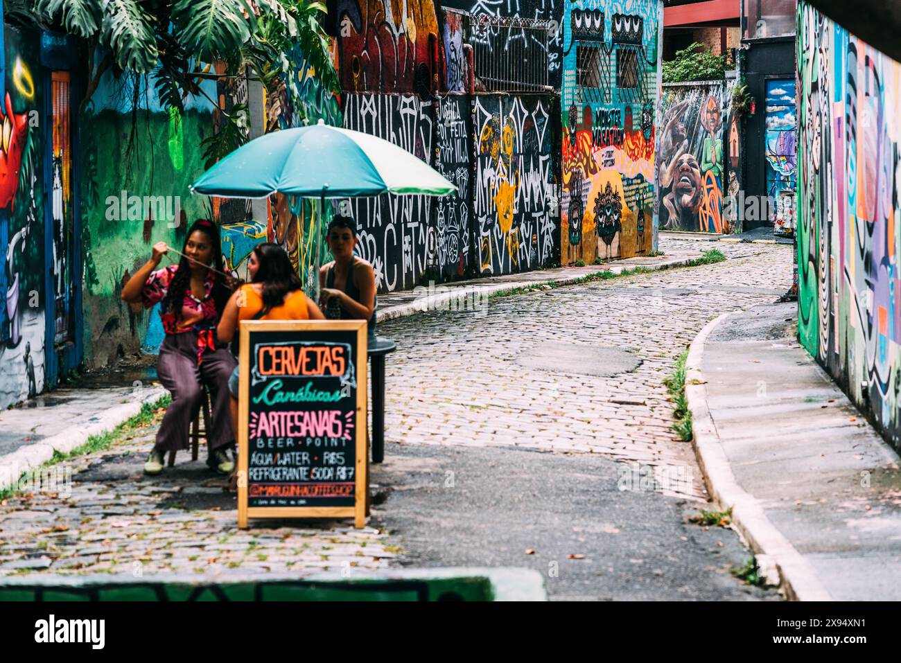 Beco do Batman, the nickname for the area around the Vila Madalena neighborhood with its dense concentation of graffiti lining the streets, popular wi Stock Photo