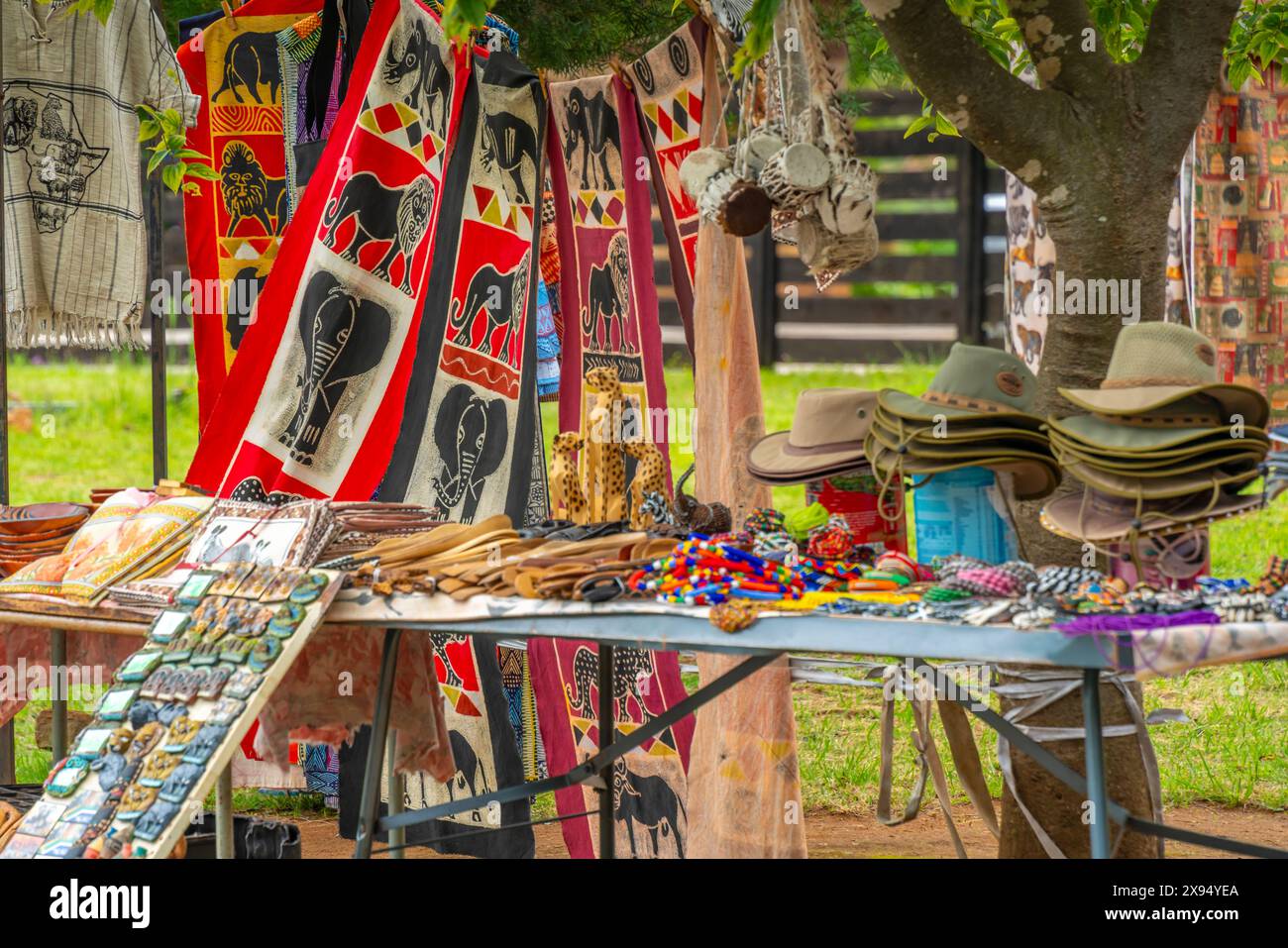 View of colourful souvenirs in Moremela village at Bourke's Luck Potholes, Blyde River Canyon Nature Reserve, Moremela, Mpumalanga Province, South Afr Stock Photo