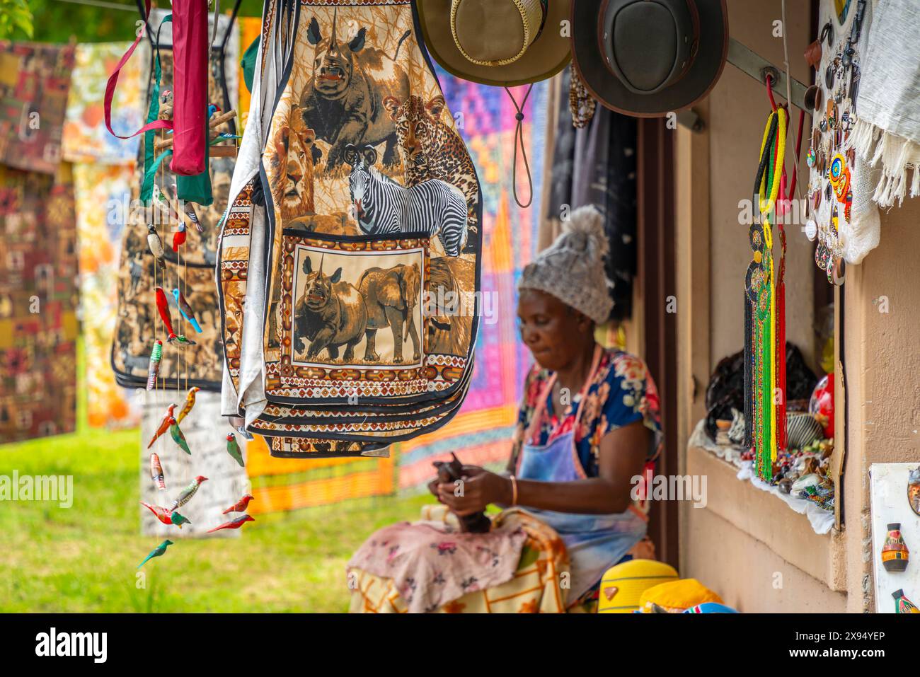 View of colourful souvenirs in Moremela village at Bourke's Luck Potholes, Blyde River Canyon Nature Reserve, Moremela, Mpumalanga Province, South Afr Stock Photo