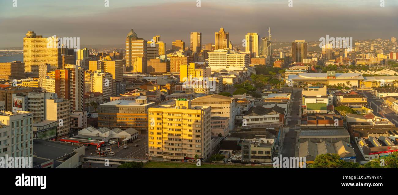 Elevated view of Durban city skyline at sunrise, Durban, KwaZulu-Natal Province, South Africa, Africa Stock Photo