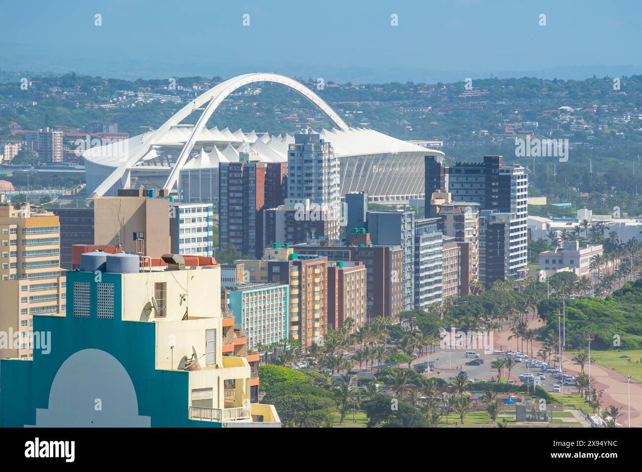 Elevated view of Moses Mabhida Stadium and hotels, Durban, KwaZulu-Natal Province, South Africa, Africa Stock Photo