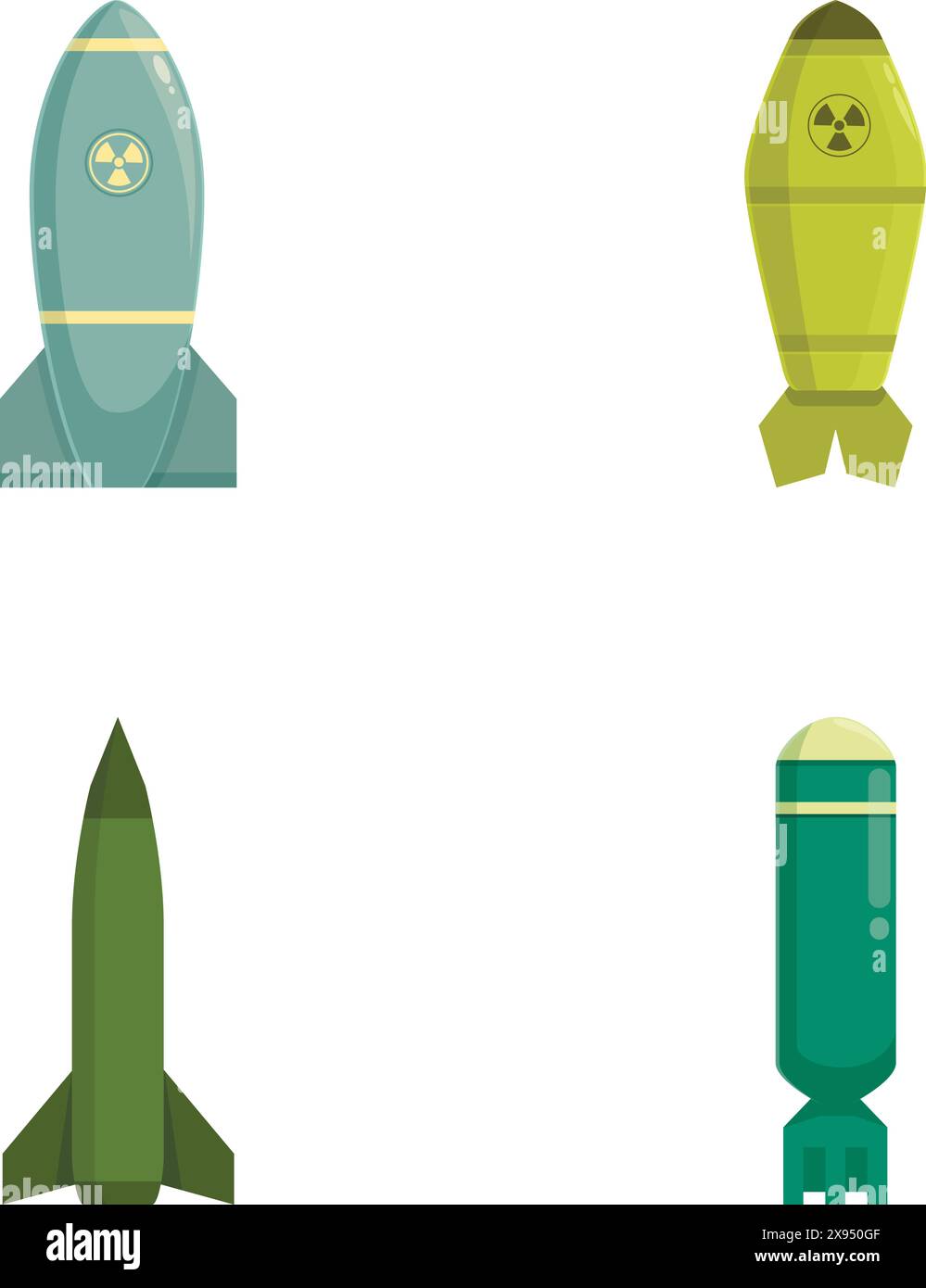 Set of various cartoonstyle missiles and bombs icons, ideal for military or strategy content Stock Vector