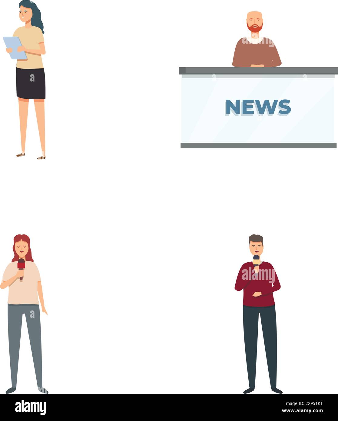 Collection of vector illustrations featuring journalists in various broadcasting scenes Stock Vector