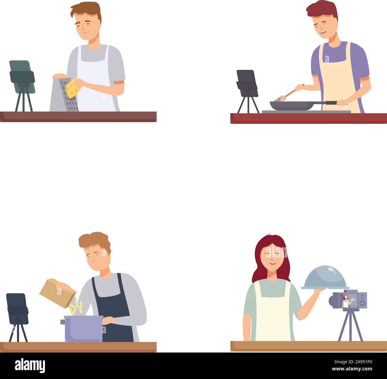 Set of illustrations showcasing diverse content creators for podcasts, cooking shows, baking blogs, and film Stock Vector