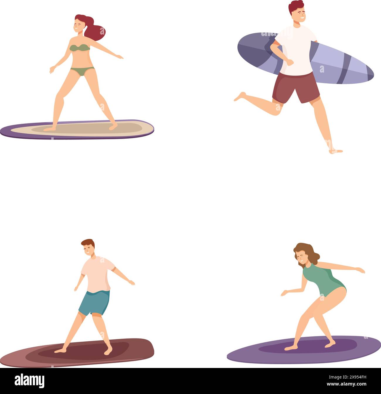 Vector set of active surfers enjoying water sports and beach activities ...