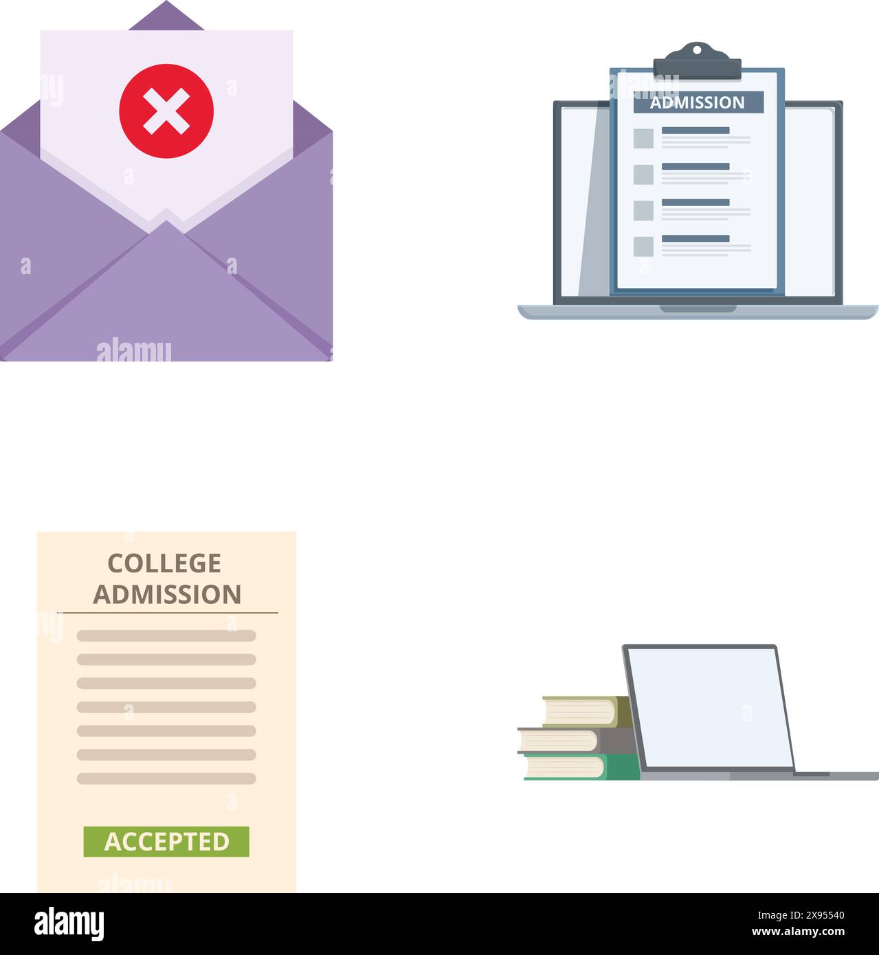 Set Of Four Flat Icons Representing College Admission Application Acceptance And Rejection Set Of Four Flat Icons Representing College Admission Application Acceptance And Rejection