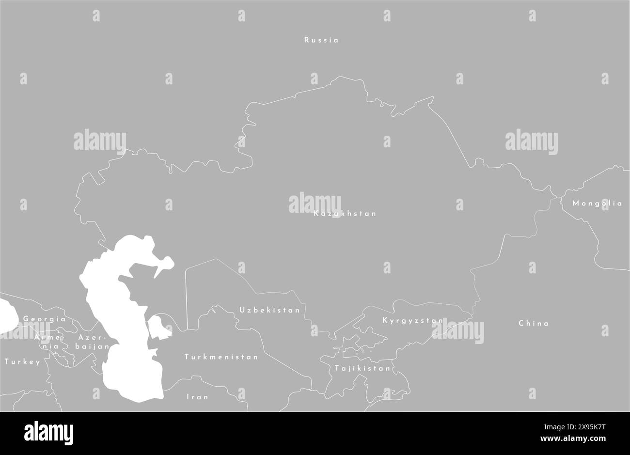 Vector modern illustration. Simplified administrative map of Kazakhstan. Border with nearest states Russia, China and etc and names. White shape of se Stock Vector