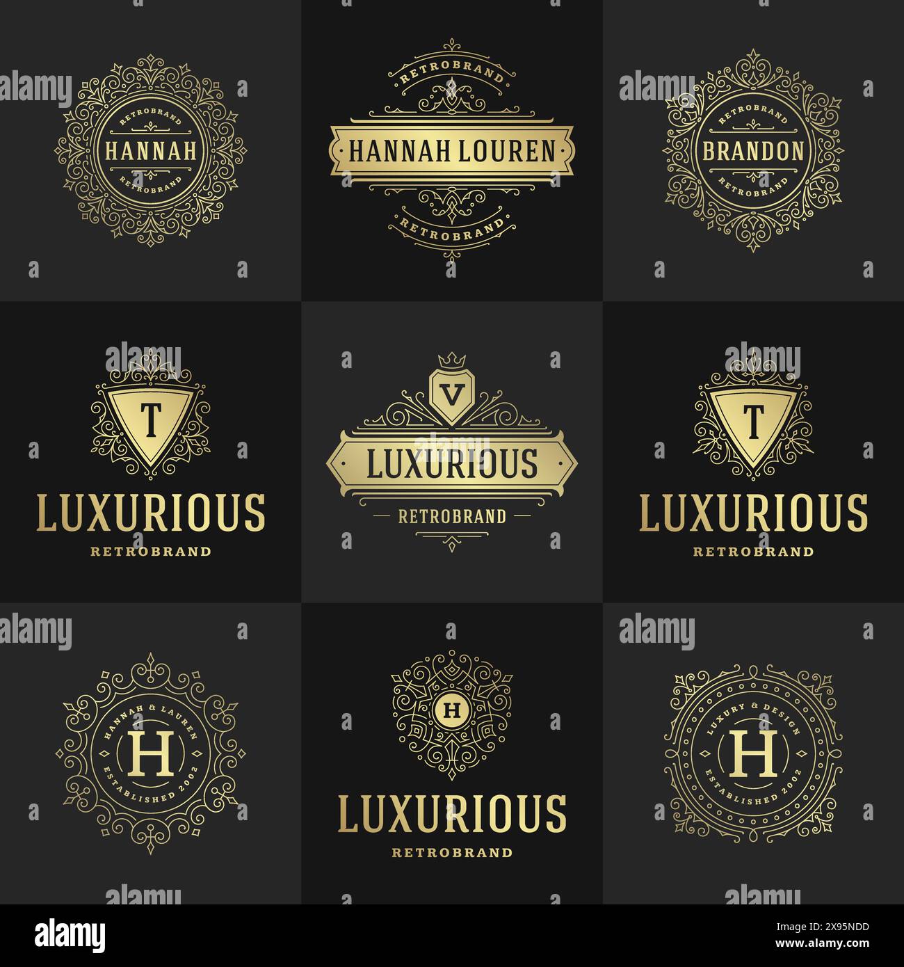 Vintage logos and monograms set elegant flourishes line art graceful ...