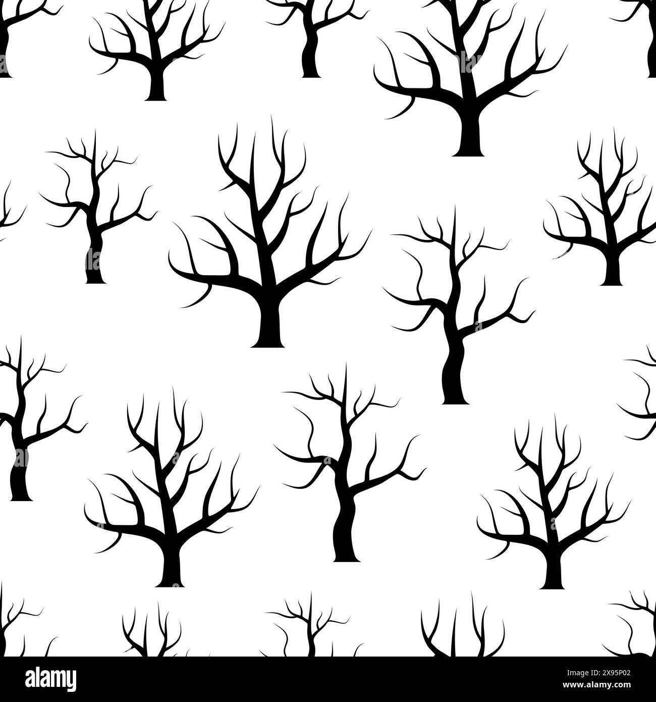 Seamless black and white curved trees without leaves backgrounds. Vector forest seamless texture. Stock Vector