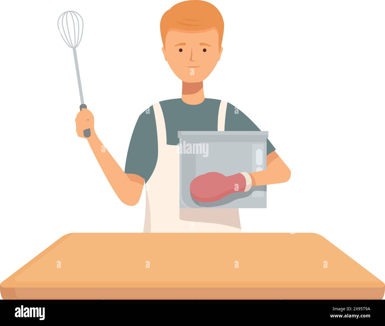 Cartoon of a happy man making dough, holding a mixer and a bowl in the kitchen Stock Vector