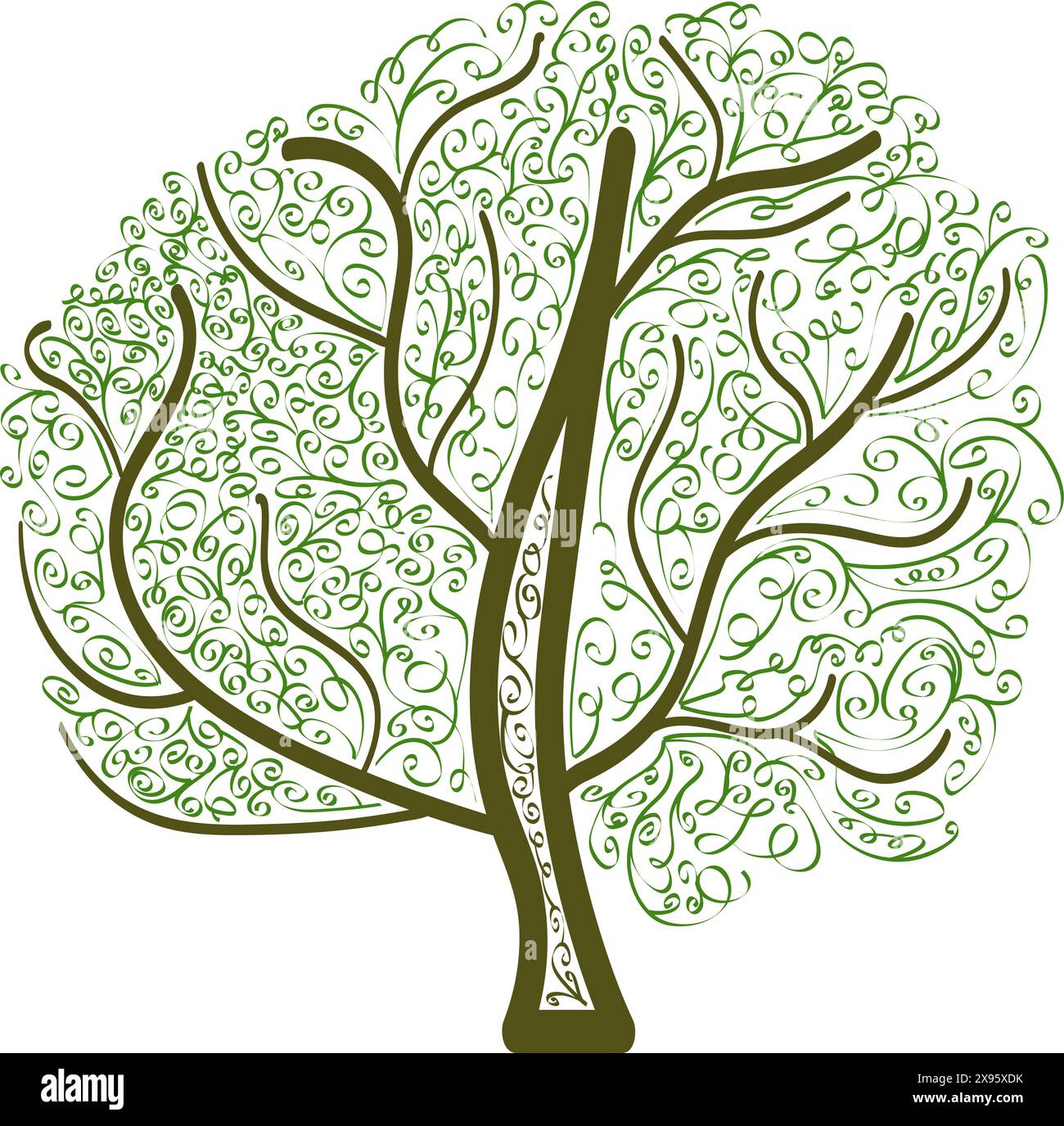 Isolated illustration with abstract spring tree drawing in contour line ...