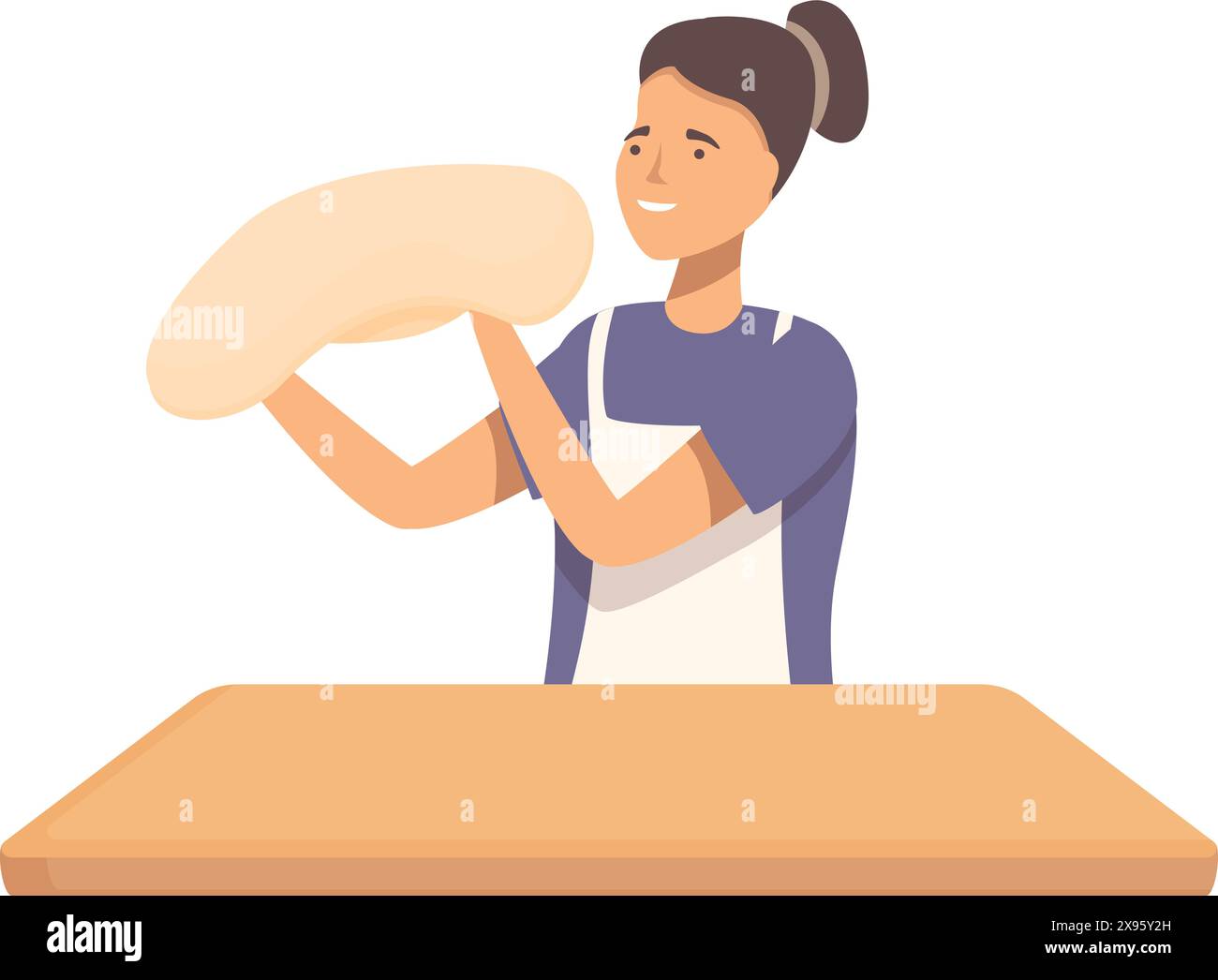 Happy female chef skillfully tossing raw pizza dough in a kitchen setting Stock Vector