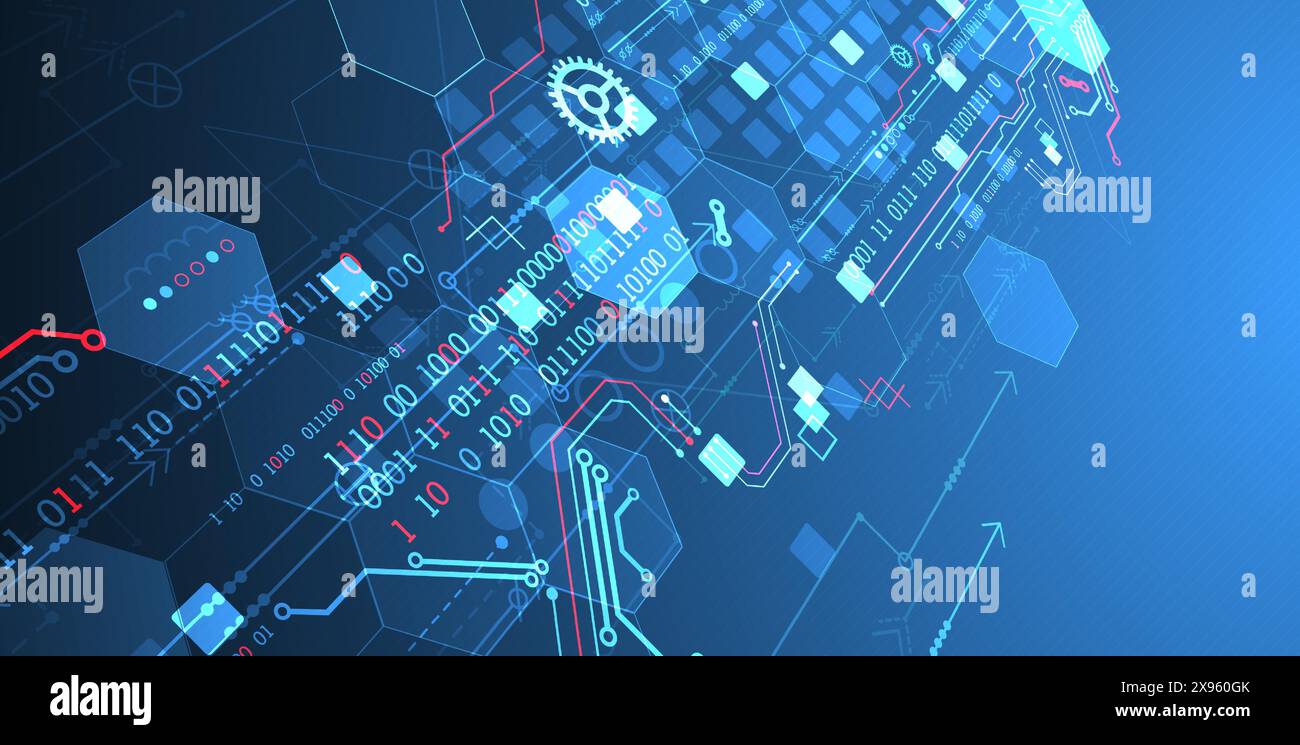 Abstract circuit board and hexagons on gradient color background. Hi-tech digital technology concept. Stock Vector