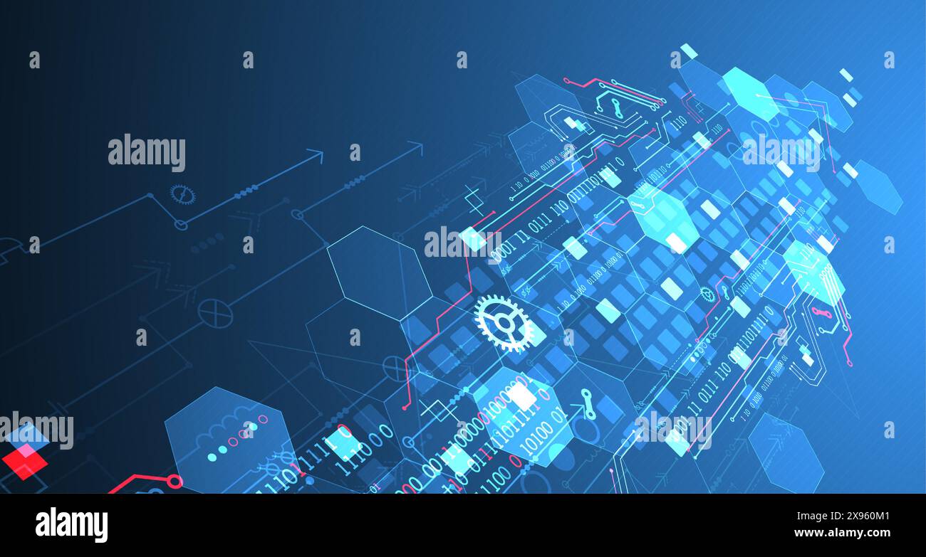 Abstract circuit board and hexagons on gradient color background. Hi-tech digital technology concept. Stock Vector