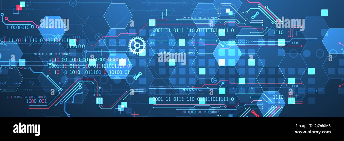 Abstract circuit board and hexagons on gradient color background. Hi-tech digital technology concept. Stock Vector