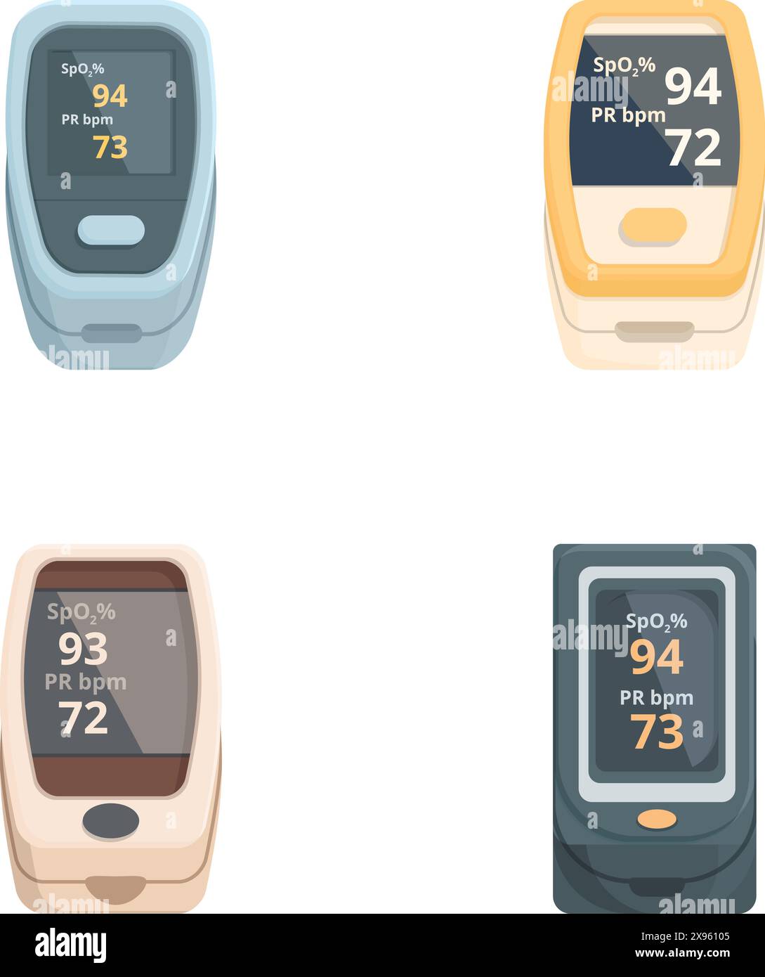 Collection of four digital pulse oximeters showing different oxygen