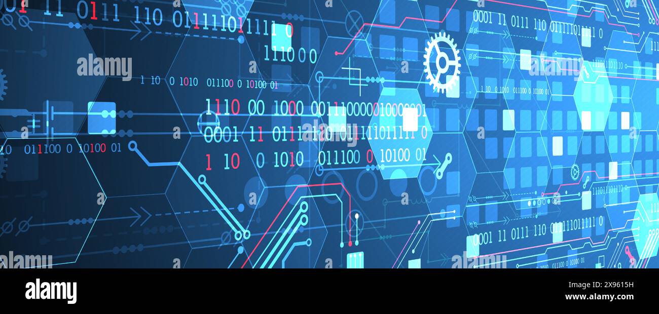 Abstract circuit board and hexagons on gradient color background. Hi-tech digital technology concept. Stock Vector