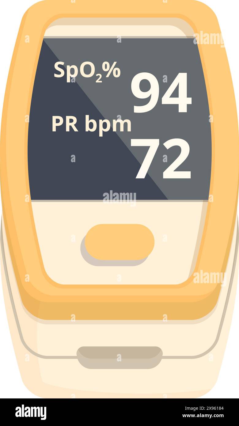 Illustration of a finger pulse oximeter showing spo2 level at 94