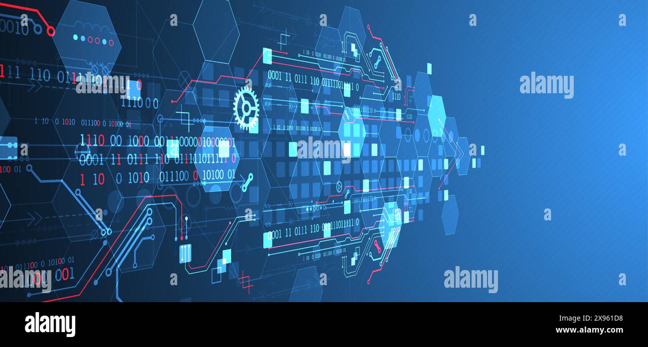 Abstract circuit board and hexagons on gradient color background. Hi-tech digital technology concept. Stock Vector