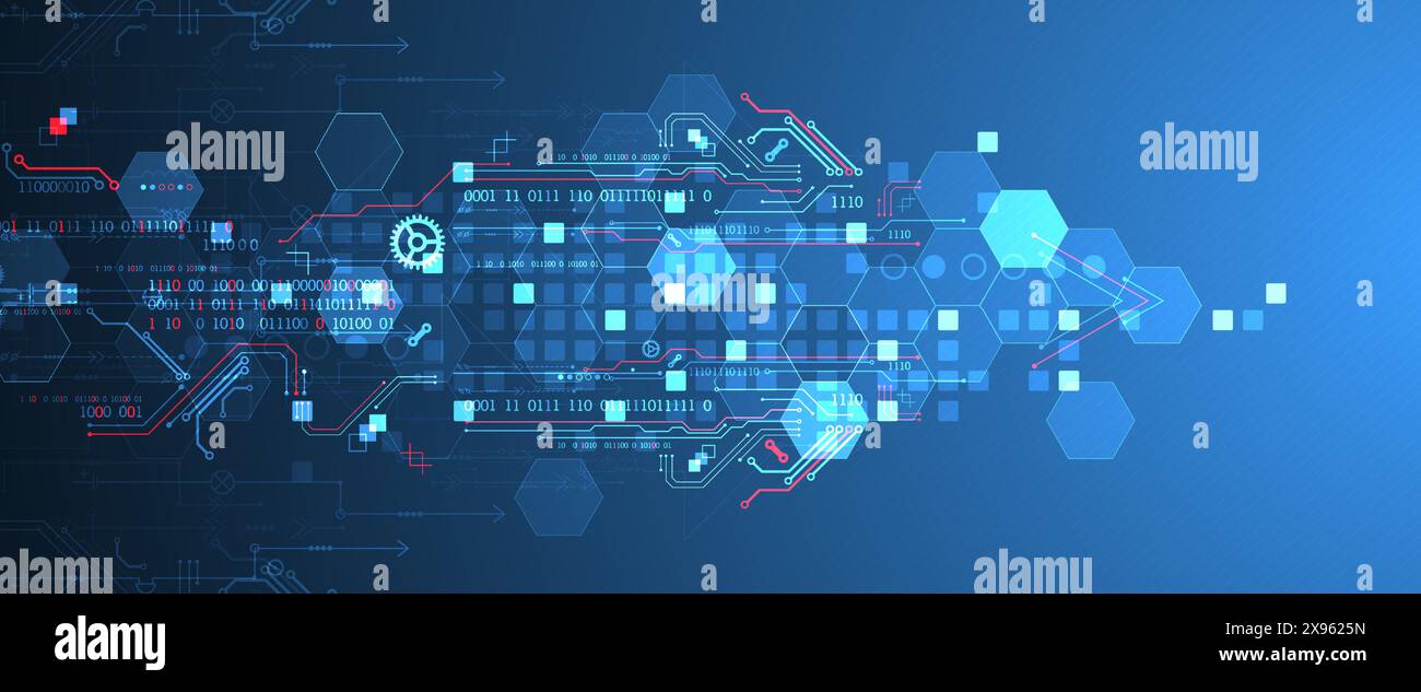 Abstract circuit board and hexagons on gradient color background. Hi-tech digital technology concept. Stock Vector