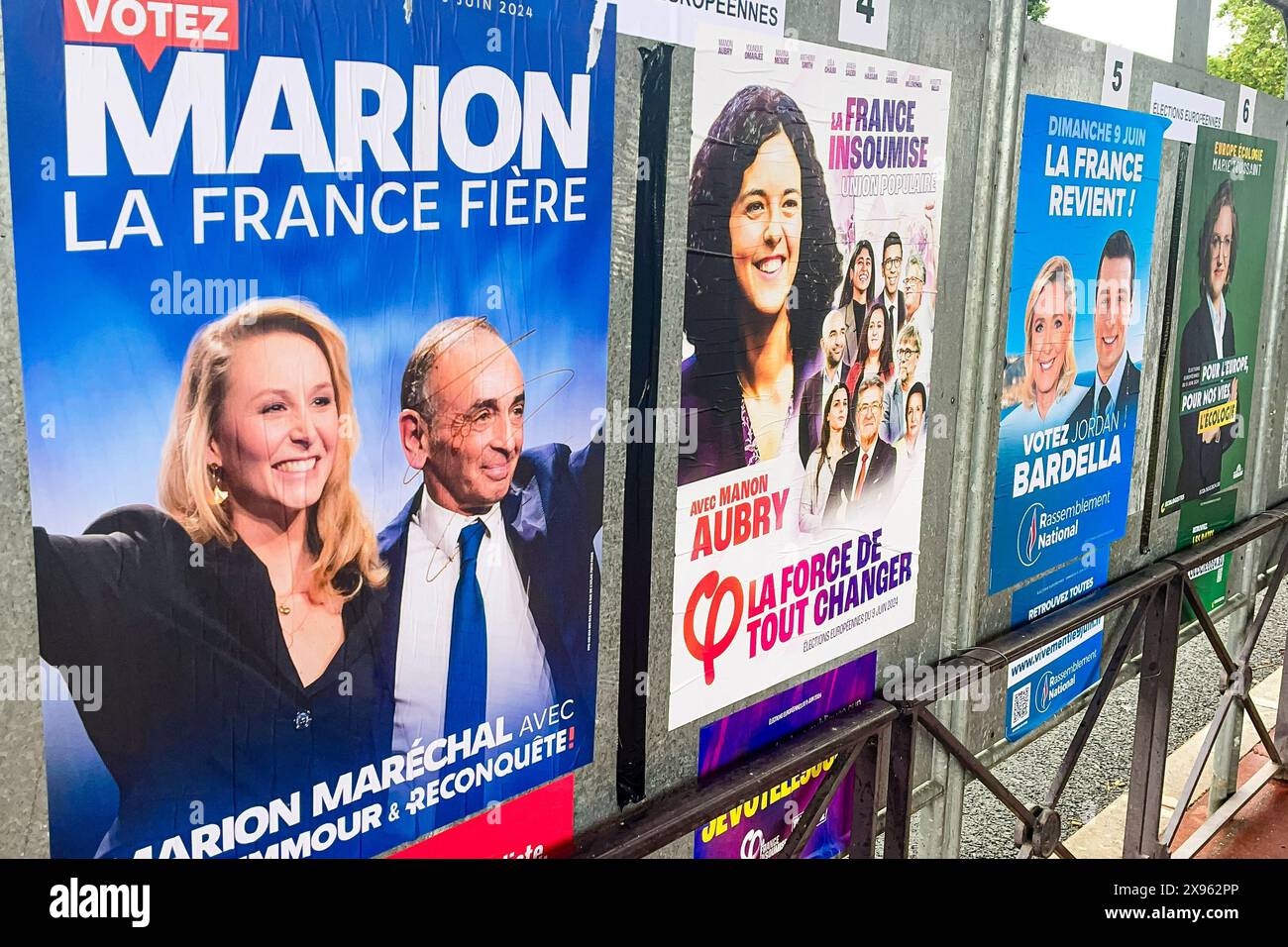 Paris, France. 29th May, 2024. Posters for the 2024 European elections hanging at a bus station in Paris, France. Frank Molter/Alamy Live news Stock Photo