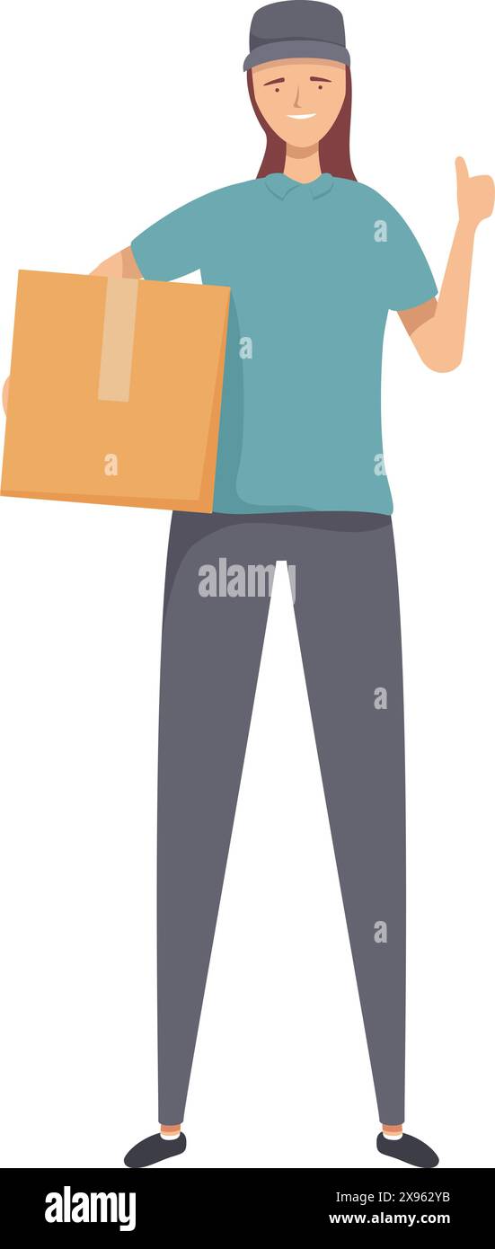 Illustration of a smiling female courier with a parcel gesturing ...