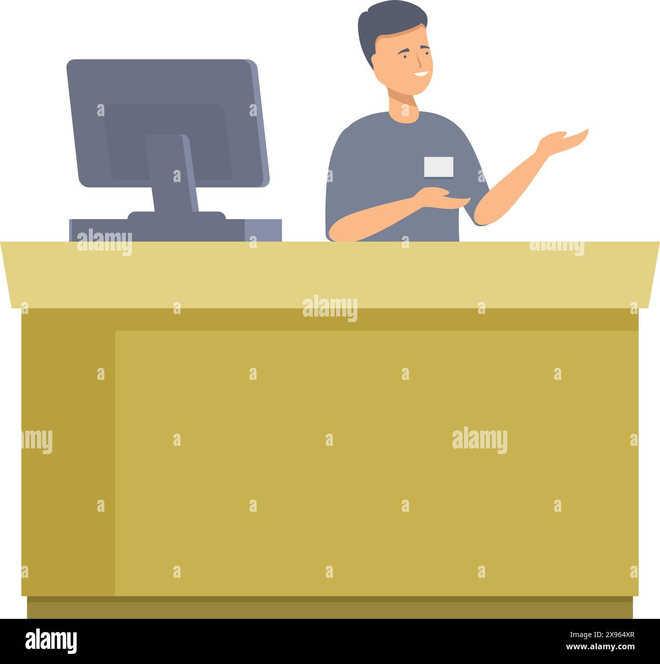 Welcoming male receptionist gestures while standing at a hotel checkin