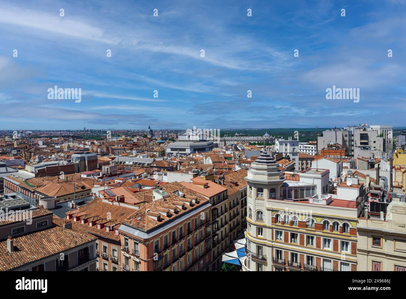 Madrid center skyline panoramic view with iconic buildings visible under a blue sky with clouds, Madrid, Spain, Europe Stock Photo