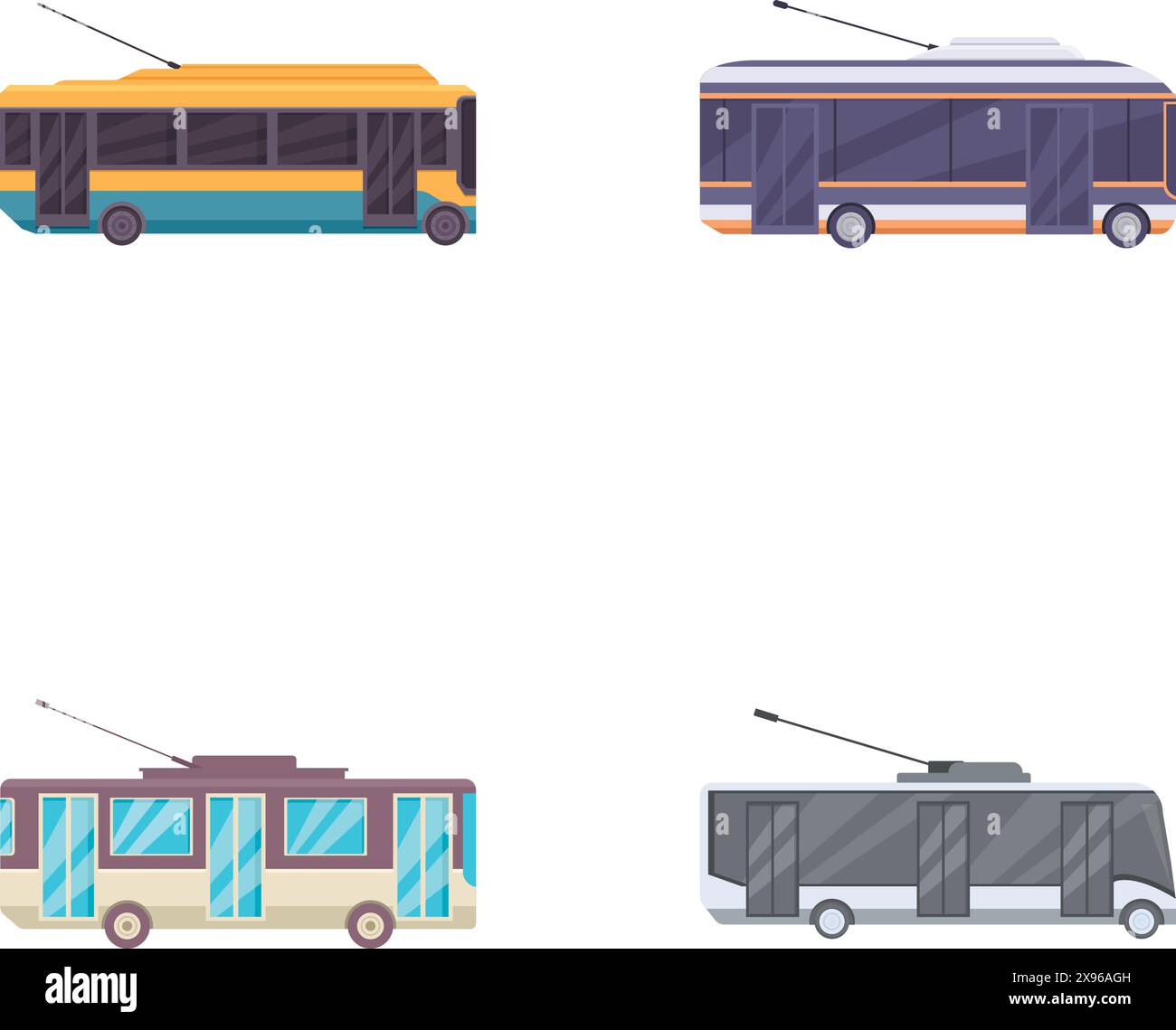Vector illustration of four colorful trolleybuses, representing public ...