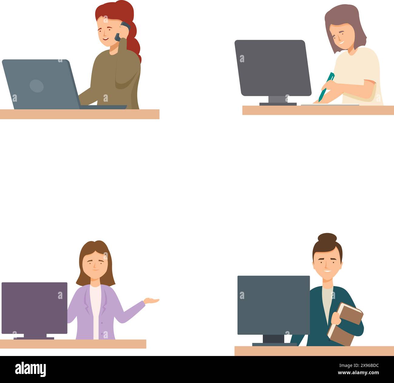 Four illustrations depicting professionals working on computers with ...