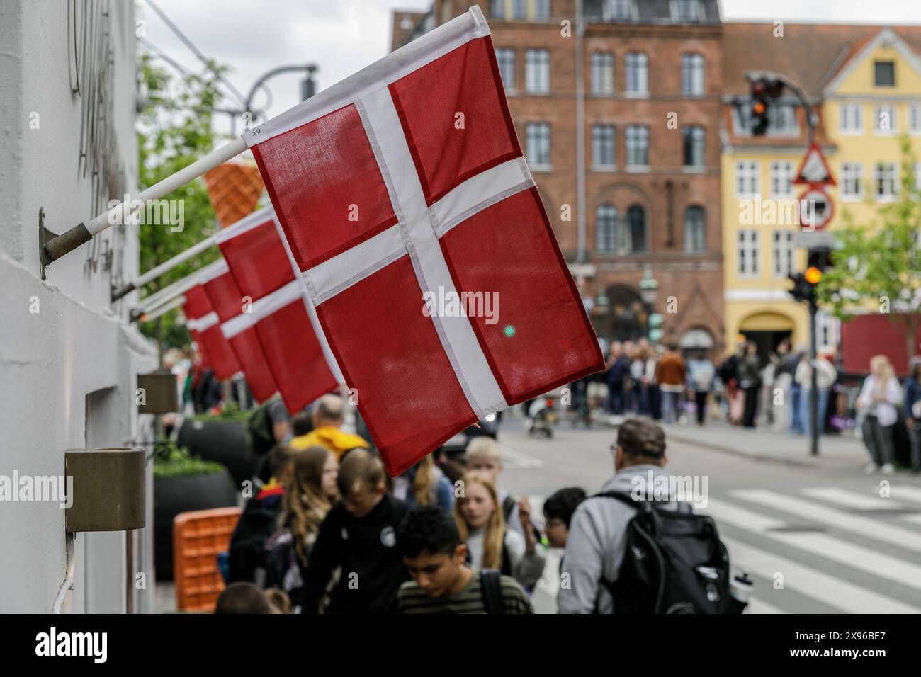 Copenhagen, Denmark. 24th May, 2024. Flags of Denmark are hanging on ...