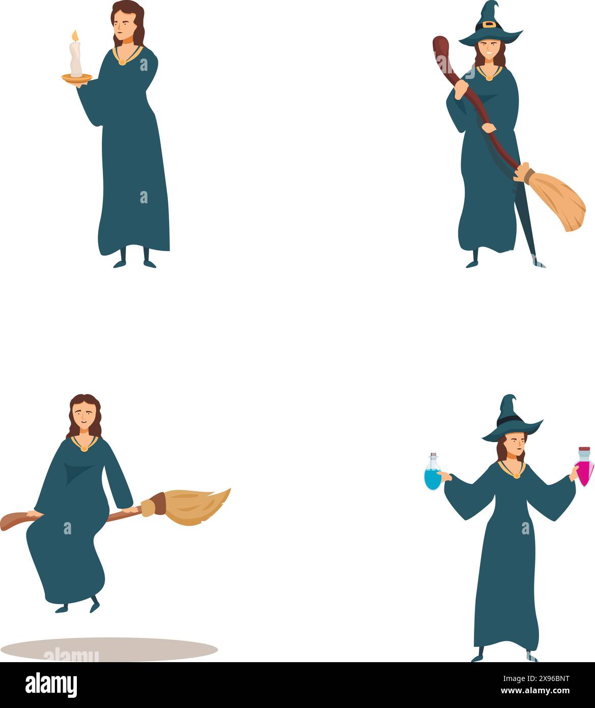 Collection of four cartoon witches with brooms, potions, and wands, isolated on white Stock Vector