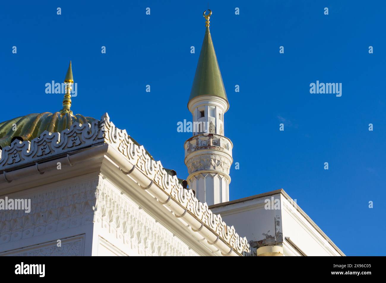 Minaret and golden dome with a spire above the Turkish Bath building (Tsarskoye Selo, St. Petersburg, Russia) Stock Photo