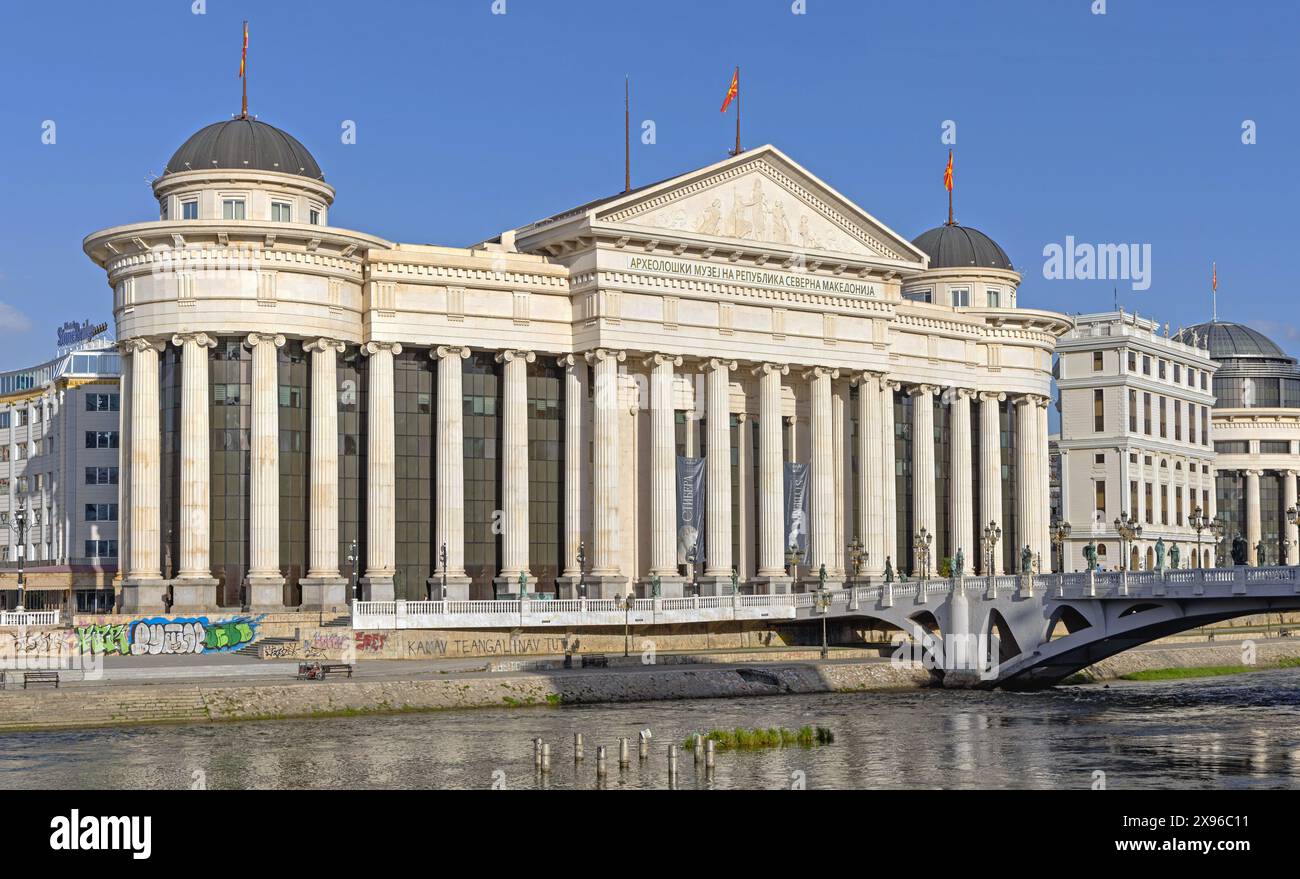 Skopje, North Macedonia - October 23, 2023: Archaeological Museum Building at River Vardar in Capital City Centre Sunny Autumn Day. Stock Photo