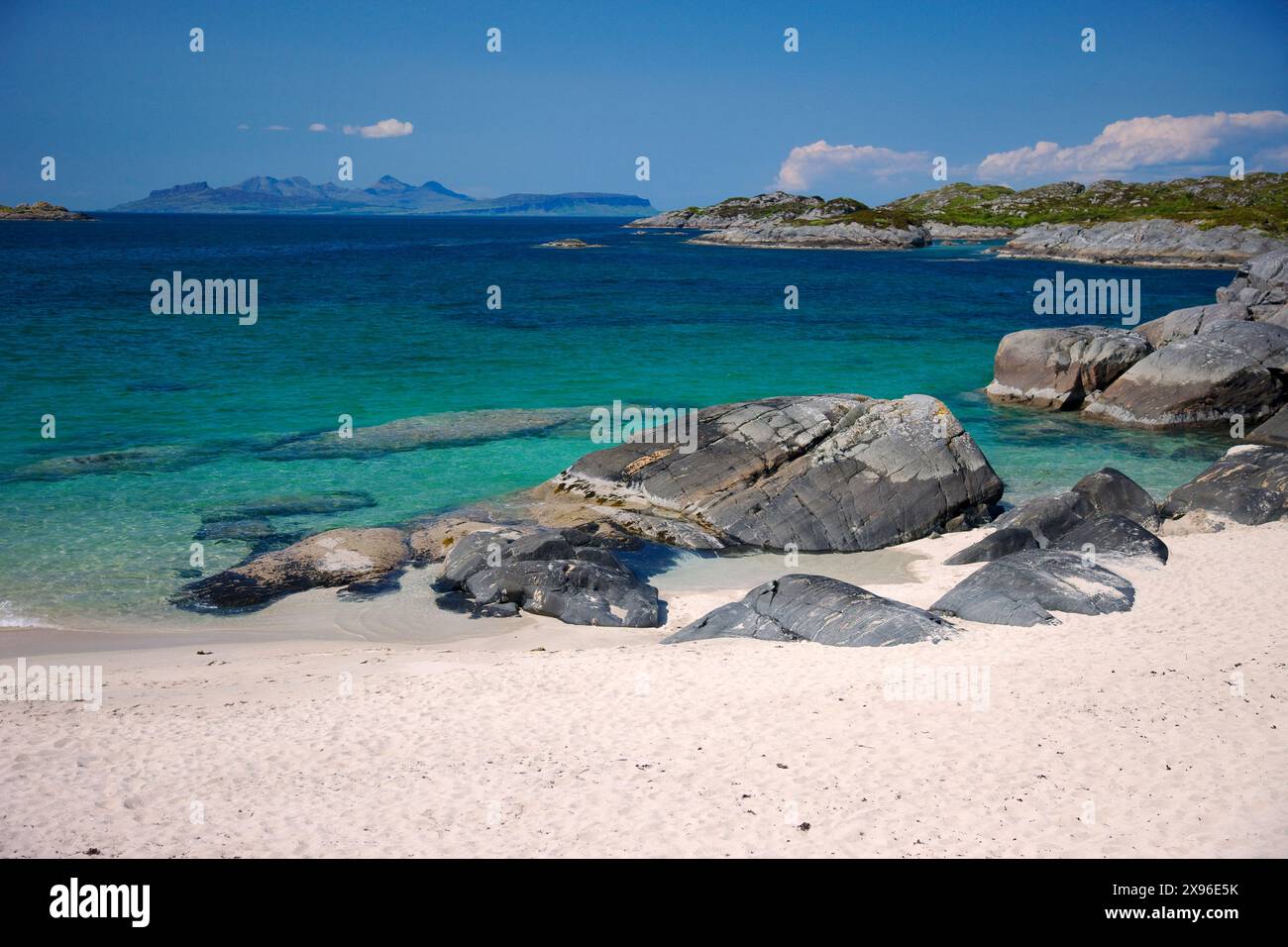 Eigg & Rum from Ardtoe, West Highlands Stock Photo