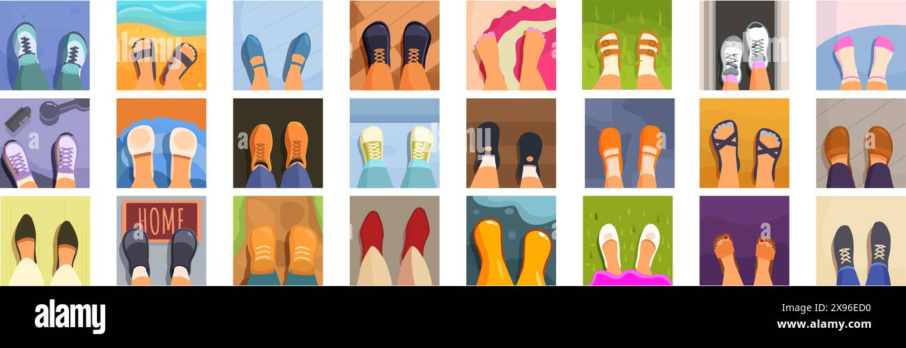 Feet selfie icons set vector. A collection of cartoon feet in various styles and colors. Concept of fun and playfulness, as the feet are depicted in various poses and settings, such as on a beach, in a house, and in a park Stock Vector