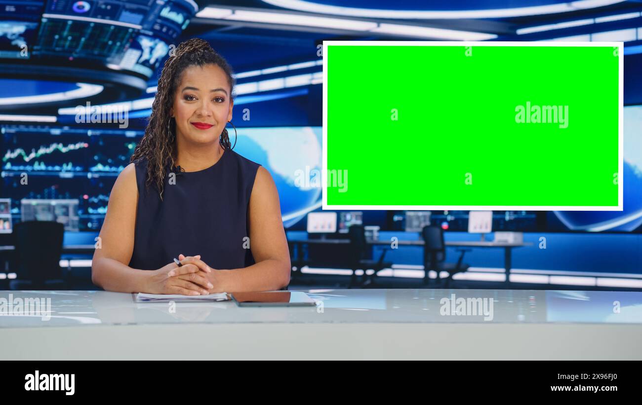 Newsroom TV Studio Live News Program: Caucasian Female Presenter ...
