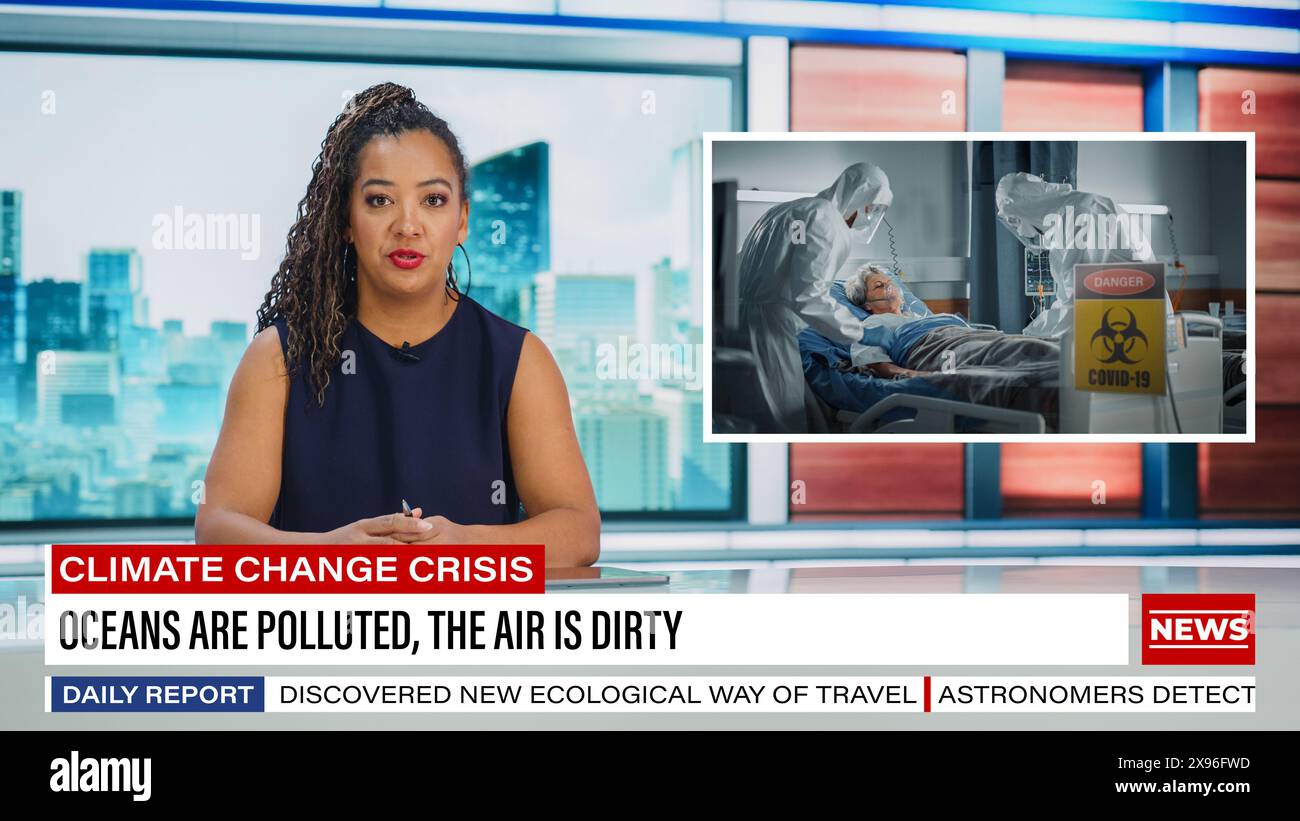 Split Screen TV News Live Report Anchorwoman Talks. Health Care Crisis ...