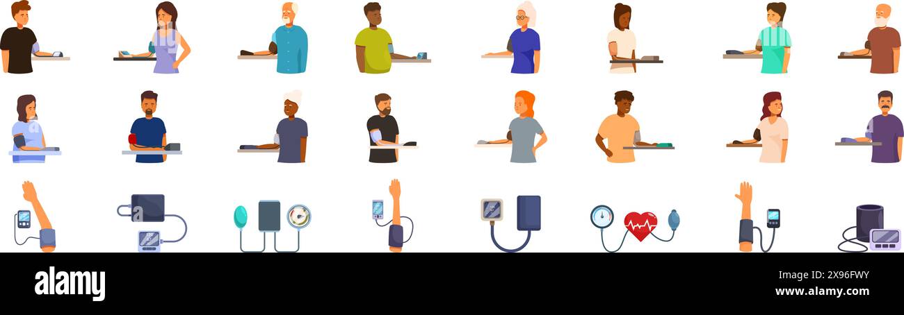 Measure blood pressure icons set vector. A collection of people with ...