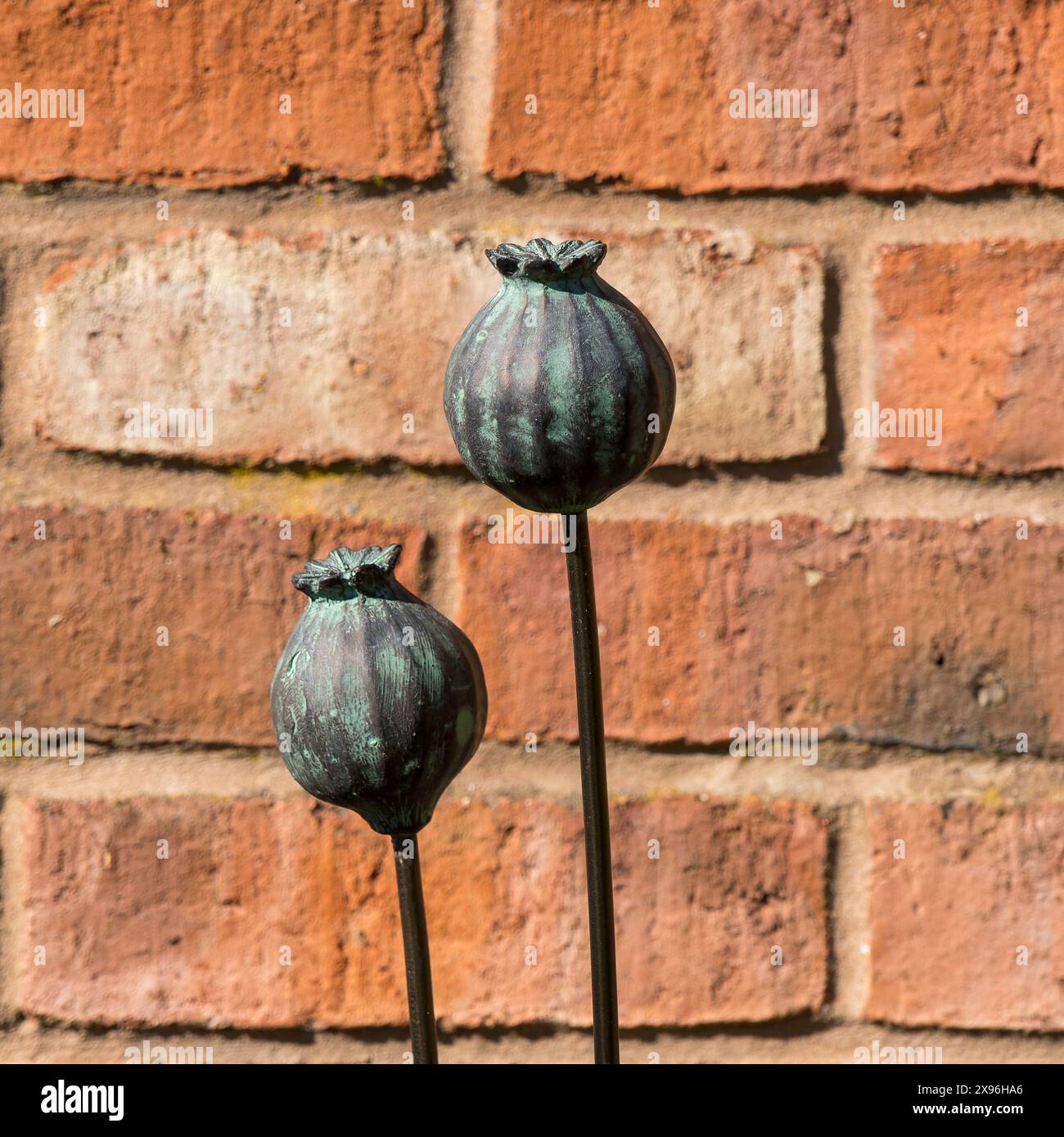 Two metal poppy seedhead sculptural garden stakes / plant supports by