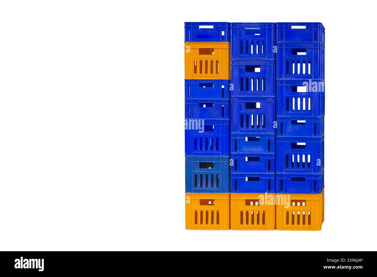 Empty blue and yellow plastic crate isolated on white background Stock Photo
