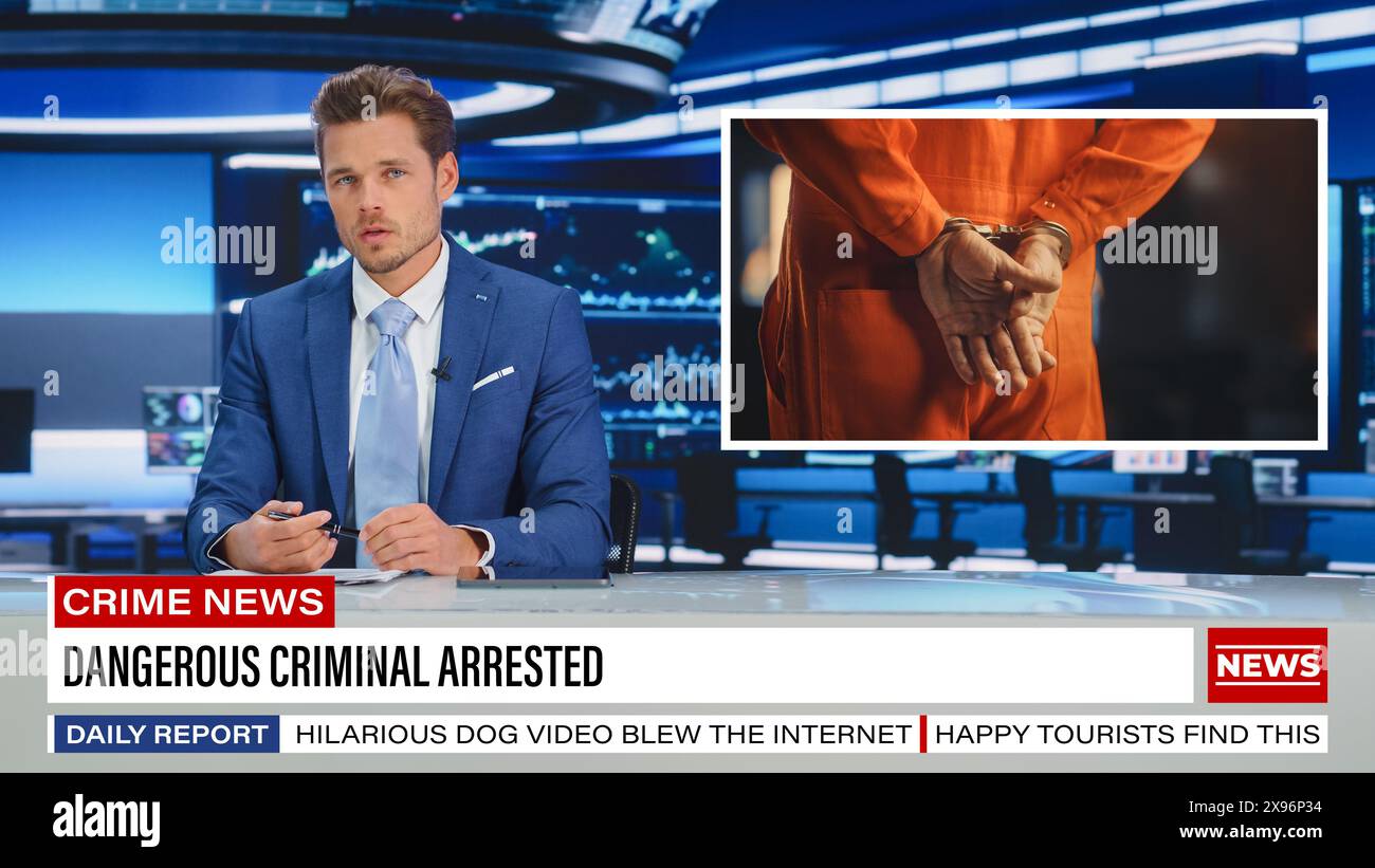 TV Live Report: Anchor Talks About Recently Arrested Dangerous Criminal, Upcoming Court Case About To Begin. Television Program News Feed. Cable Channel Concept. Split Screen Mock Up Stock Photo