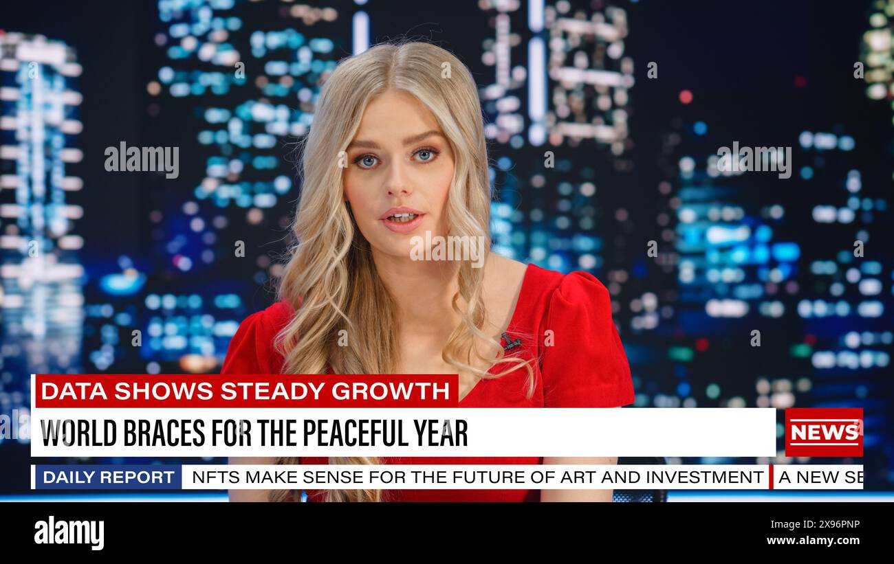 TV Live News Program: Female Presenter Reporting. Television Cable ...