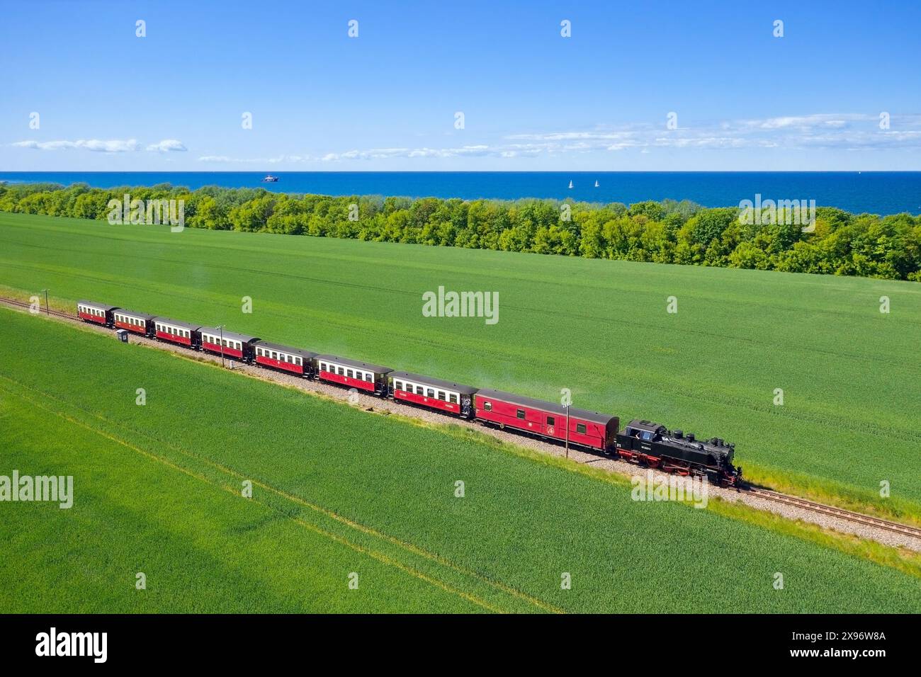 Molli steam locomotive on the narrow-gauge railway running along the Baltic Sea between Bad Doberan and Kühlungsborn, Mecklenburg-Vorpommern, Germany Stock Photo