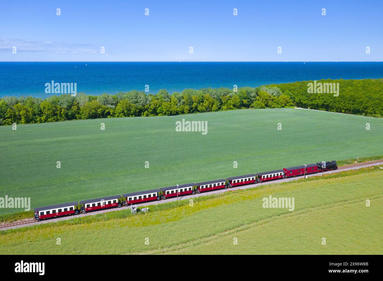 Molli steam locomotive on the narrow-gauge railway running along the Baltic Sea between Bad Doberan and Kühlungsborn, Mecklenburg-Vorpommern, Germany Stock Photo