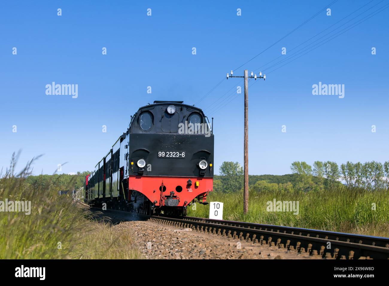 Molli locomotive Orenstein & Koppel 99. 2323-6 on narrow-gauge railway running between Bad Doberan and Kühlungsborn, Mecklenburg-Vorpommern, Germany Stock Photo